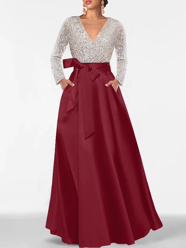 long sleeve mother of the groom dresses Mother of the Groom Dresses Black Women's Satin A-Line V-Neck Wedding Bridal's Mother Gowns with Sequins, Black