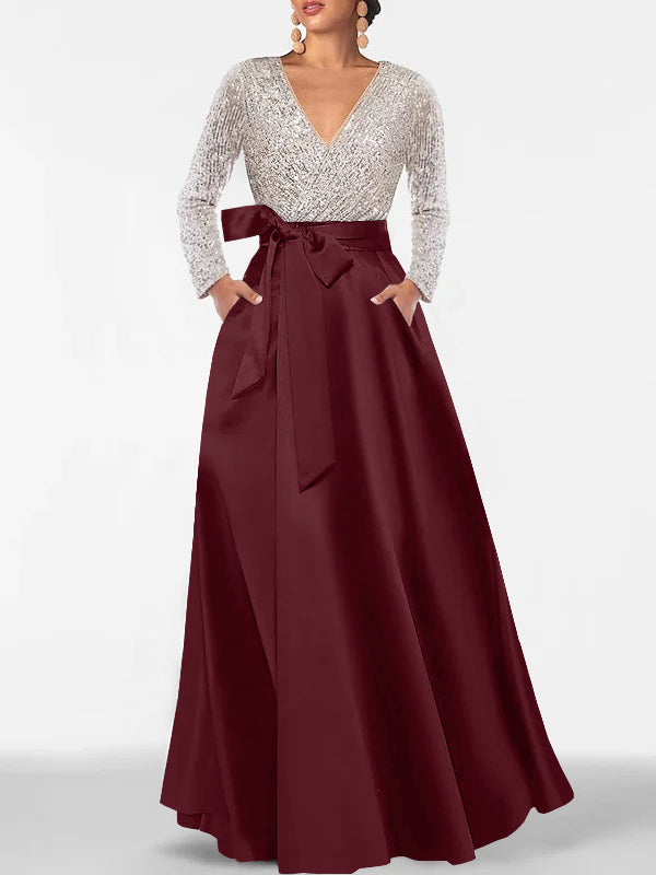 Long Sleeve A-Line Mother of the Bride & Groom Dress with Pockets & Sequins - Mondressy Long Sleeve A-Line Mother of the Bride & Groom Dress with Pockets & Sequins - Mondressy