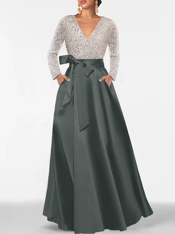 A-Line/Princess V-Neck Long Sleeves Floor-Length Mother of the Bride Dresses With Pocket & Sequins Charcoal Gray A-Line/Princess V-Neck Long Sleeves Floor-Length Mother of the Bride Dresses With Pocket & Sequins Charcoal Gray
