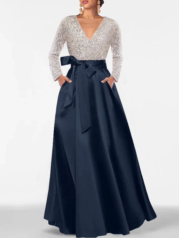 Navy Bridal's Mother Gowns Satin for Women Gorgeous A-Line V-Neck Long Sleeves Wedding Guest Party Dresses with Sequins Navy Bridal's Mother Gowns Satin for Women Gorgeous A-Line V-Neck Long Sleeves Wedding Guest Party Dresses with Sequins