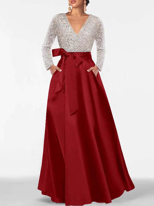 A-Line/Princess V-Neck Long Sleeves Floor-Length Mother of the Bride Dresses With Pocket & Sequins Dark Red A-Line/Princess V-Neck Long Sleeves Floor-Length Mother of the Bride Dresses With Pocket & Sequins Dark Red