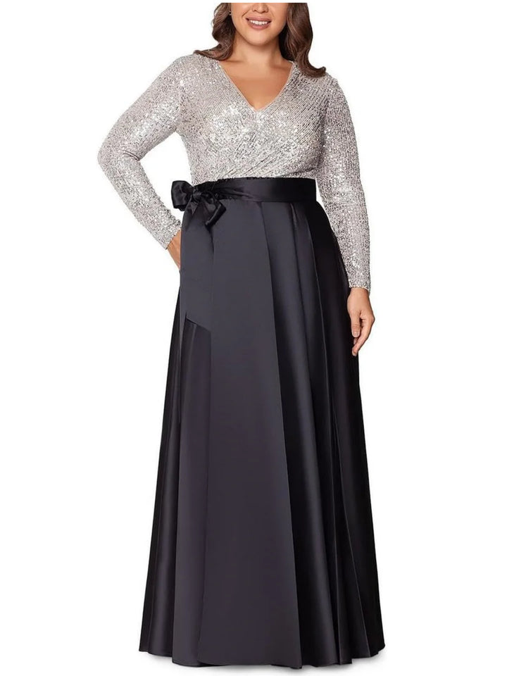 A-Line/Princess V-Neck Long Sleeves Floor-Length Plus Size Mother of the Bride Dresses
