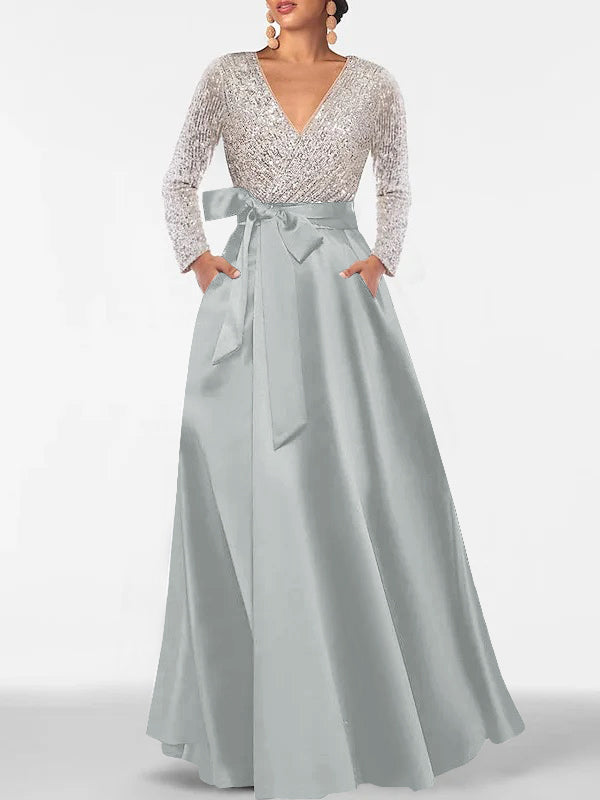 A-Line/Princess V-Neck Long Sleeves Floor-Length Mother of the Bride Dresses with Feathers