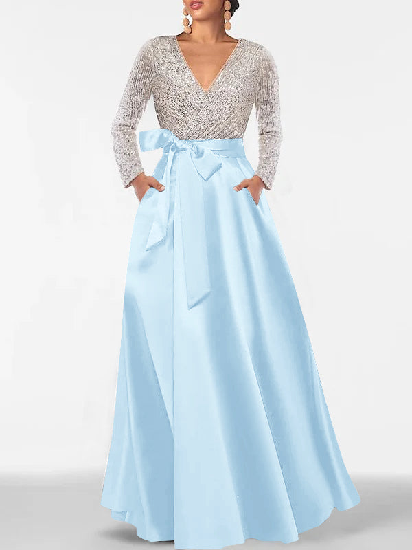 A-Line/Princess V-Neck Long Sleeves Floor-Length Mother of the Bride Dresses With Pocket & Sequins