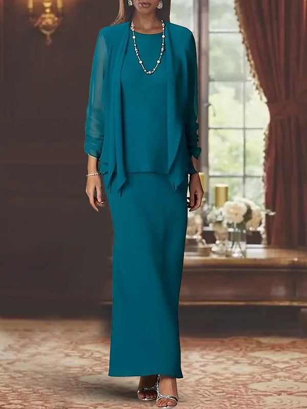 3 Piece Dress Set Sheath/Column Scoop Neck Long Sleeves Floor-Length Mother of the Bride Dresses with Jacket