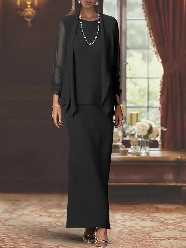 3 Pieces Mother of The Bride Gowns Navy Blue for Women Elegant Sheath/Column Scoop Neck Floor-Length Formal Wedding Party Gown with Jackets, As