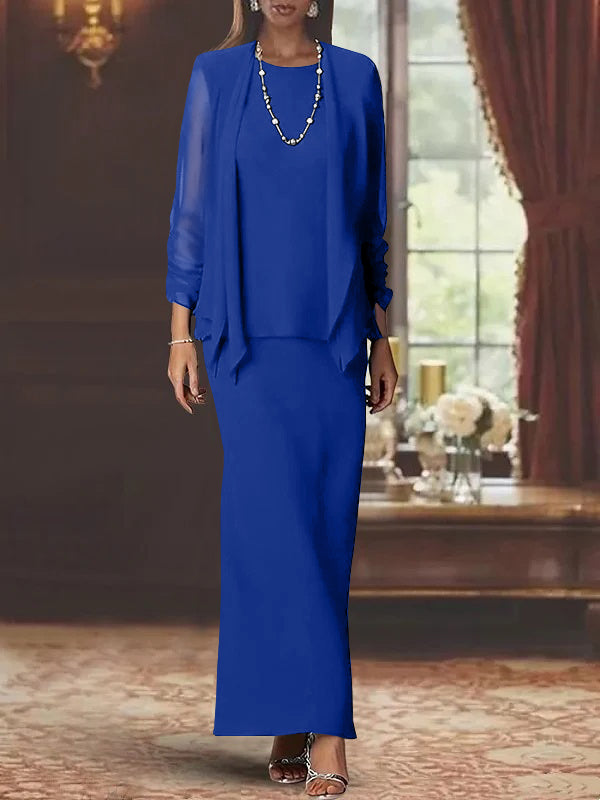 3 Piece Dress Set Sheath/Column Scoop Neck Long Sleeves Floor-Length Mother of the Bride Dresses with Jacket Dark Royal Blue 3 Piece Dress Set Sheath/Column Scoop Neck Long Sleeves Floor-Length Mother of the Bride Dresses with Jacket Dark Royal Blue