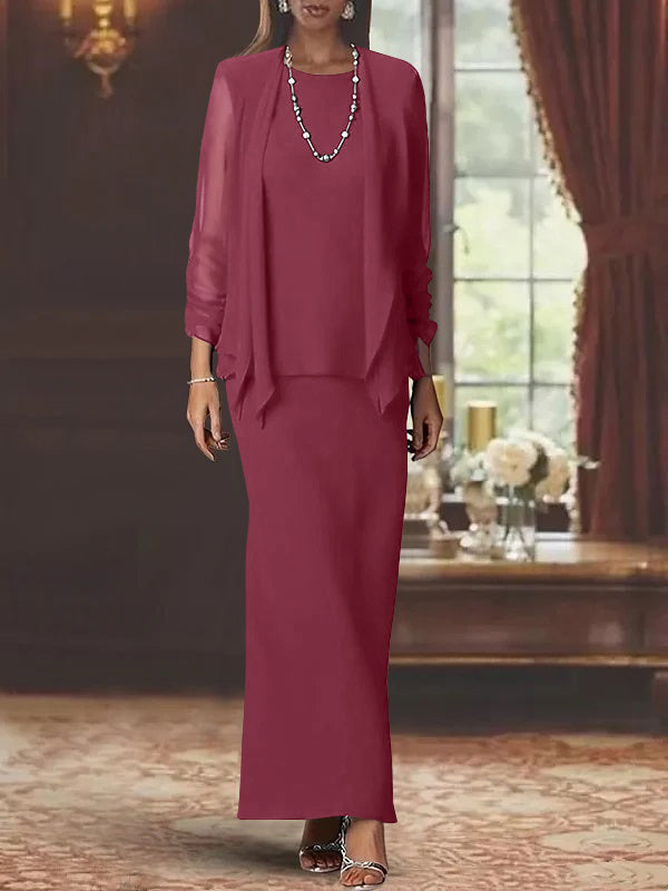 3 Piece Dress Set Sheath/Column Scoop Neck Long Sleeves Floor-Length Mother of the Bride Dresses with Jacket Mulberry