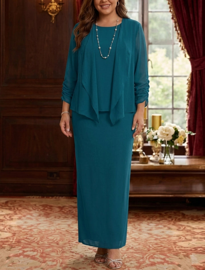 3 Piece Sheath/Column Scoop Chiffon Plus Size Mother of the Bride Dresses with Jacket Long Sleeves Ankle-Length