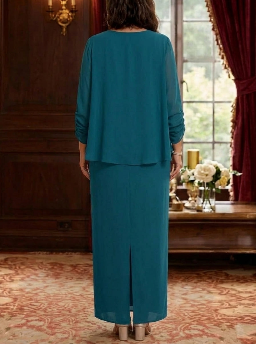 3 Piece Sheath/Column Scoop Chiffon Plus Size Mother of the Bride Dresses with Jacket Long Sleeves Ankle-Length