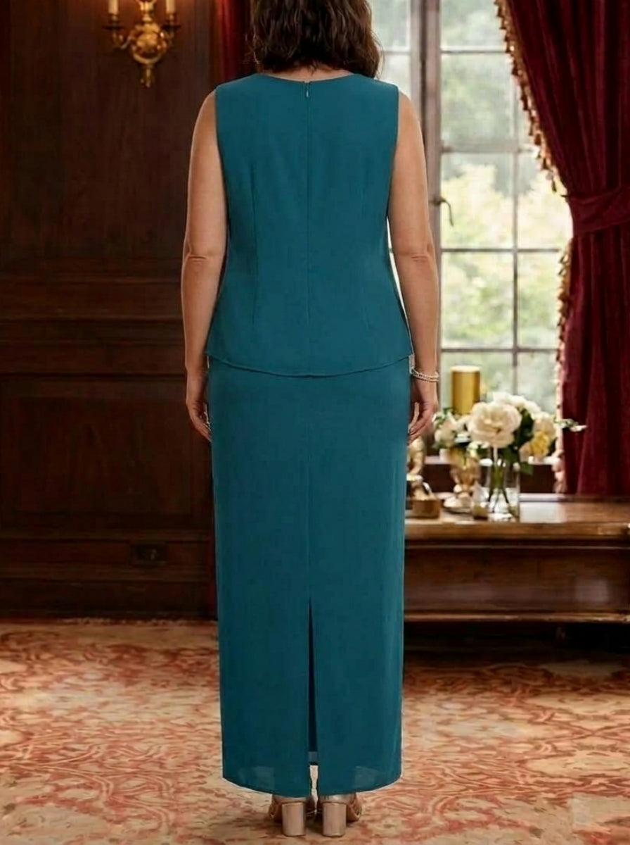 3 Piece Sheath/Column Scoop Chiffon Plus Size Mother of the Bride Dresses with Jacket Long Sleeves Ankle-Length