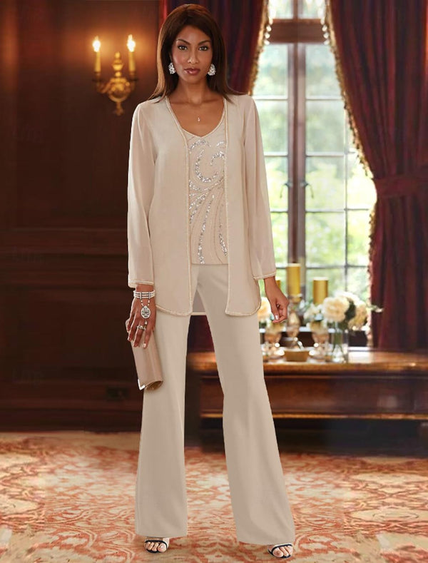 Chiffon V-Neck Floor-Length 3 Pieces Mother of the Bride Pantsuits with Jacket & Sequins Beading