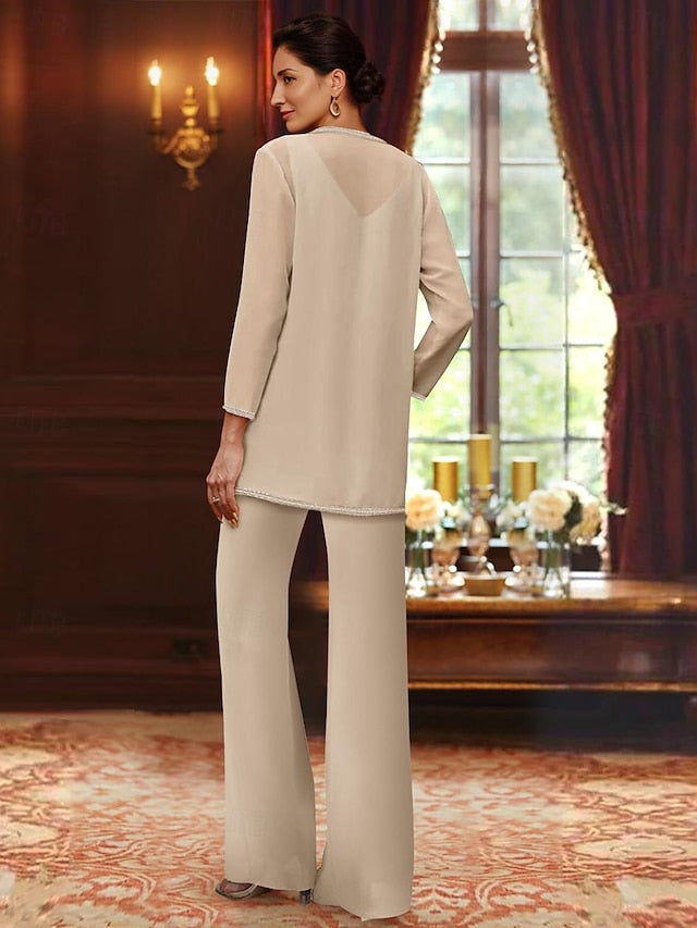 3 piece chiffon trouser suit for mother of the bride with jacket & sequins beading