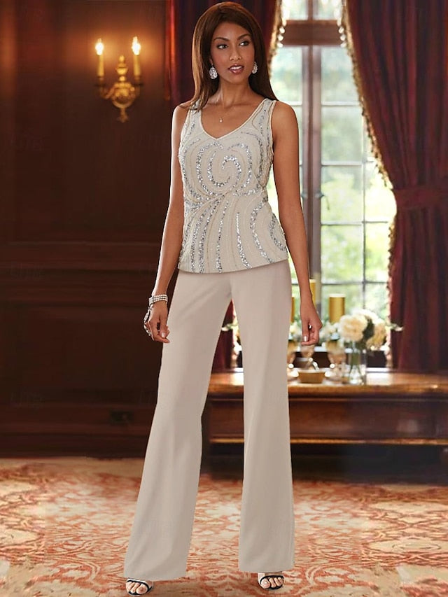 Chiffon V-Neck Floor-Length 3 Pieces Mother of the Bride Pantsuits with Jacket & Sequins Beading