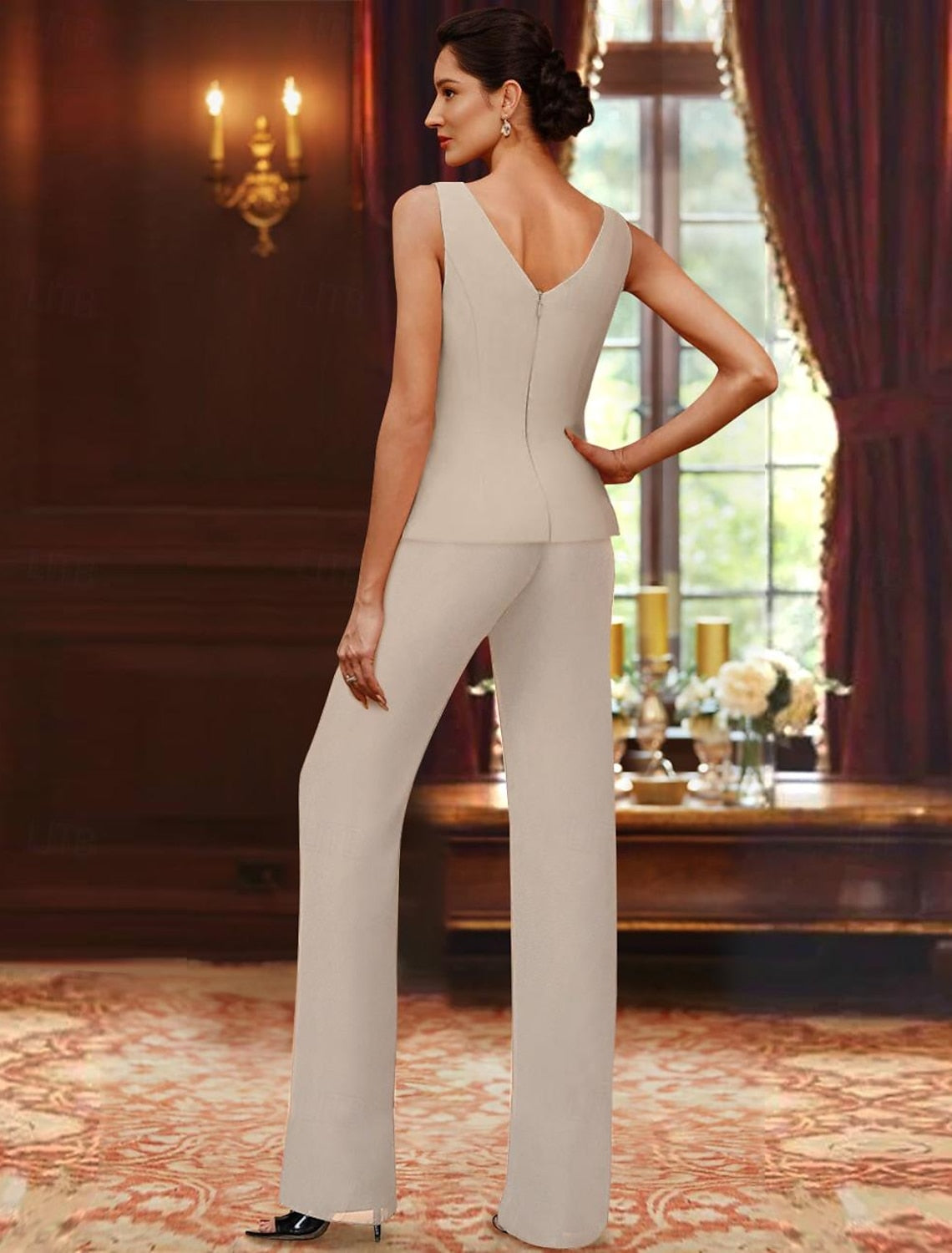 V-Neck Floor-Length Jumpsuit Butterfly Sleeves Mother of the Bride Pantsuits with Neck Tie