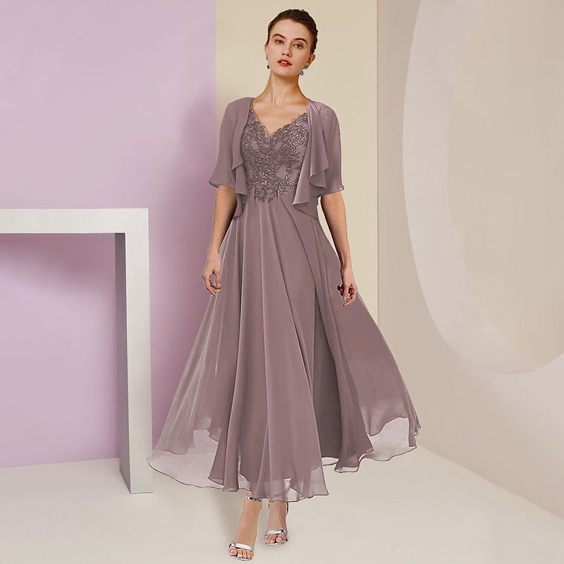 2 Pieces Mother Of The Bride Dresses 2026 Women's A-Line/Princess Short Sleeves Formal Evening Gown Wedding Party Dress with Jacket, Dusk