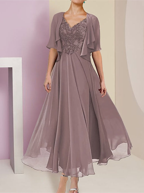 2 Pieces Mother Of The Bride Dresses 2026 Women's A-Line/Princess Short Sleeves Formal Evening Gown Wedding Party Dress with Jacket, Dusk