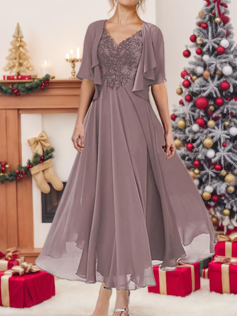 2 Pieces Mother Of The Bride Dresses 2026 Women's A-Line/Princess Short Sleeves Formal Evening Gown Wedding Party Dress with Jacket, Dusk