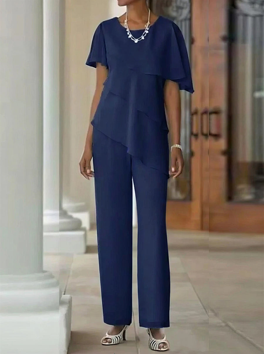 dressy chiffon pantsuit with cascading ruffles