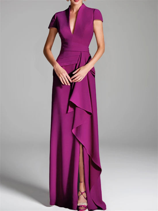 Black Mother of The Bride Dress 2026 Chic Women's Sheath V-Neck Cap Sleeves Ruffles Formal Evening Guest Gowns Black, As Pic Black Mother of The Bride Dress 2026 Chic Women's Sheath V-Neck Cap Sleeves Ruffles Formal Evening Guest Gowns Black, As Pic