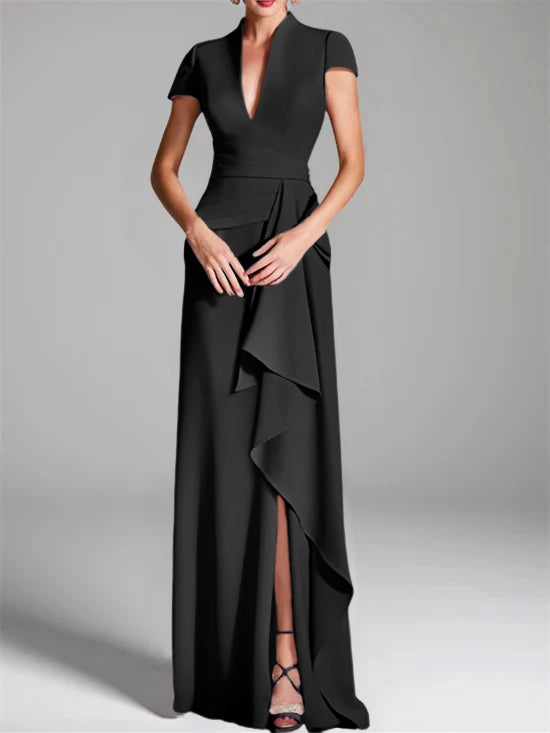 Black Mother of The Bride Dress 2026 Chic Women's Sheath V-Neck Cap Sleeves Ruffles Formal Evening Guest Gowns Black Black Mother of The Bride Dress 2026 Chic Women's Sheath V-Neck Cap Sleeves Ruffles Formal Evening Guest Gowns Black