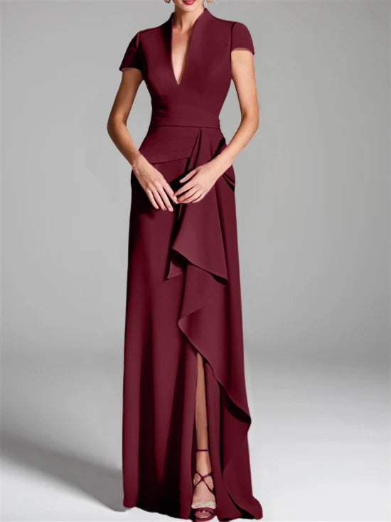 Sheath/Column V-Neck Short Sleeves Floor-Length Mother of the Bride Dresses with Split Side Burgundy