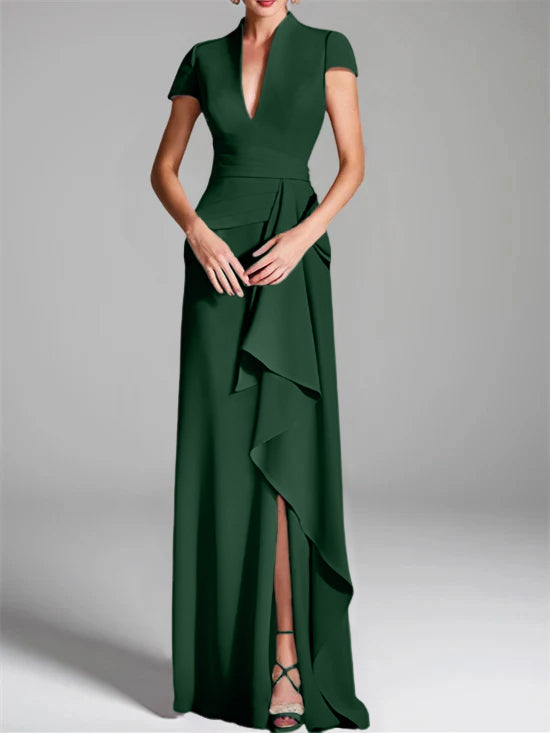 Sheath/Column V-Neck Short Sleeves Floor-Length Mother of the Bride Dresses with Split Side Dark Green