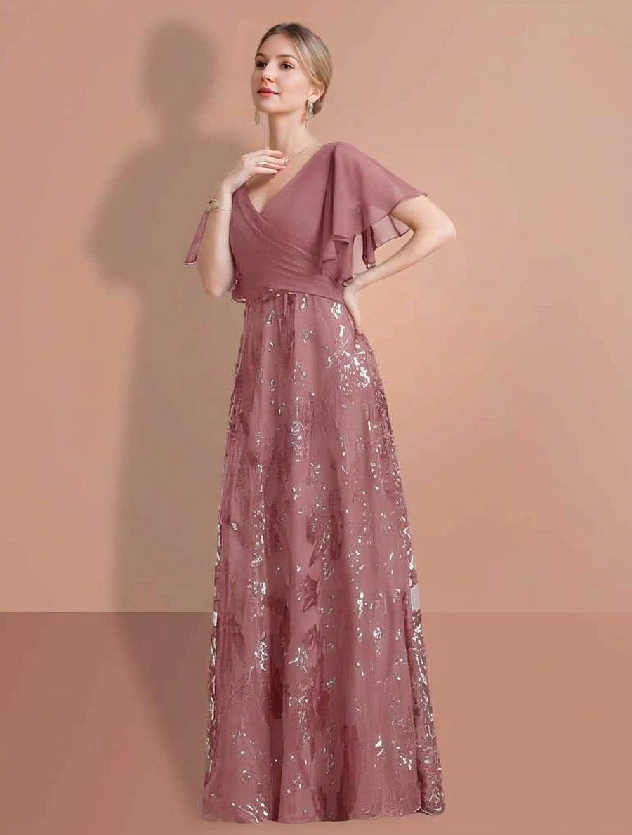 A-Line/Princess V-Neck Short Sleeves Floor-Length Mother Of The Bride Dresses with Sequins