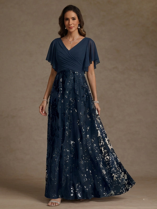 A-Line/Princess V-Neck Short Sleeves Floor-Length Mother Of The Bride Dresses with Sequins