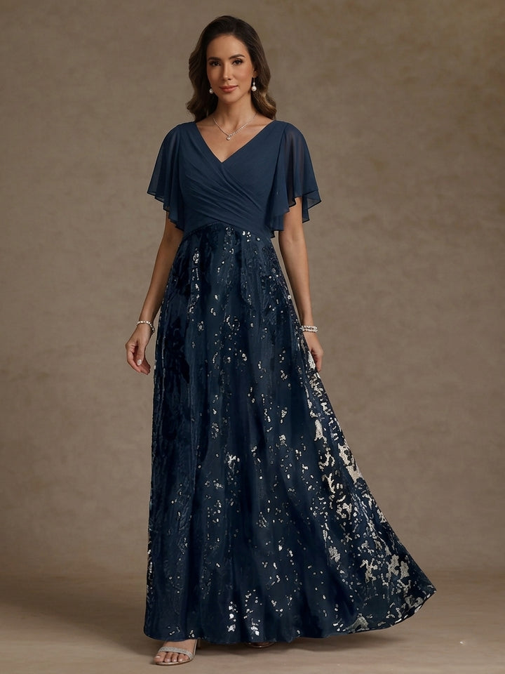 A-Line/Princess V-Neck Short Sleeves Floor-Length Mother Of The Bride Dresses with Sequins