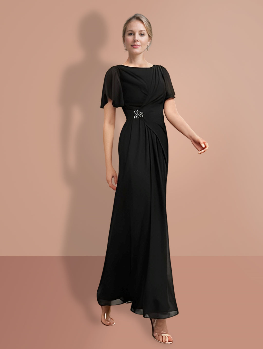 Mother of the Bride Dresses Black 2026 Women's Sheath Ankle-Length Short Sleeves Formal Evening Gowns Black, Black