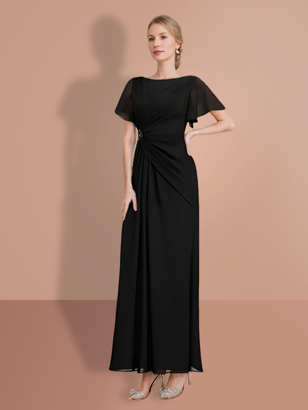 Mother of the Bride Dresses Black 2026 Women's Sheath Ankle-Length Short Sleeves Formal Evening Gowns Black, Black