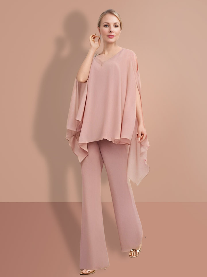 Chiffon half Sleeves V-Neck Mother of the Bride Pantsuits
