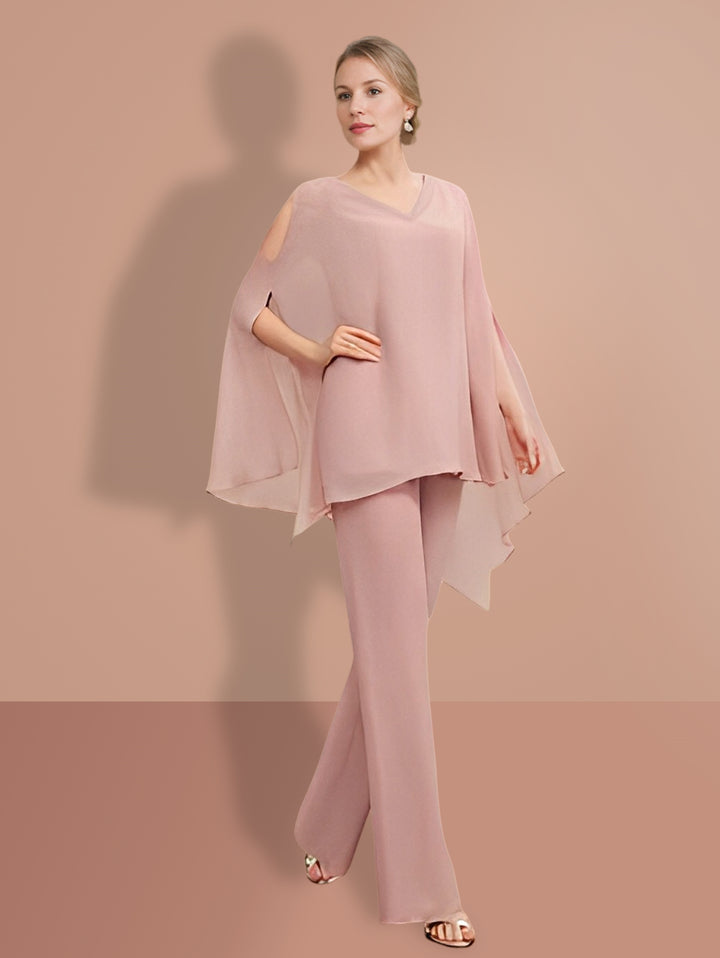 Chiffon half Sleeves V-Neck Mother of the Bride Pantsuits