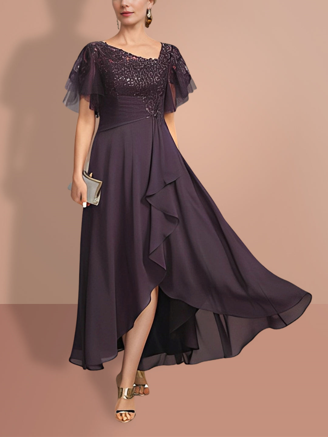 A-Line/Princess Short Sleeves Asymmetrical Mother of the Bride Dresses - Mondressy A-Line/Princess Short Sleeves Asymmetrical Mother of the Bride Dresses - Mondressy