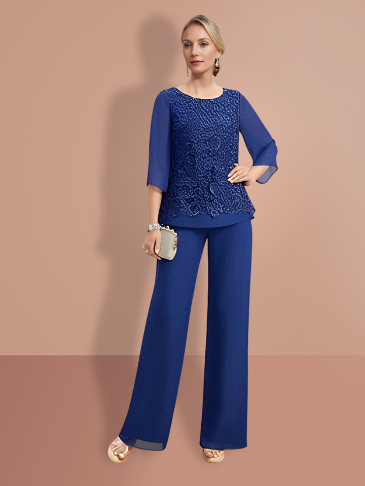 Chiffon 3/4 Length Sleeves Jewel Neck Mother of the Bride Pantsuits