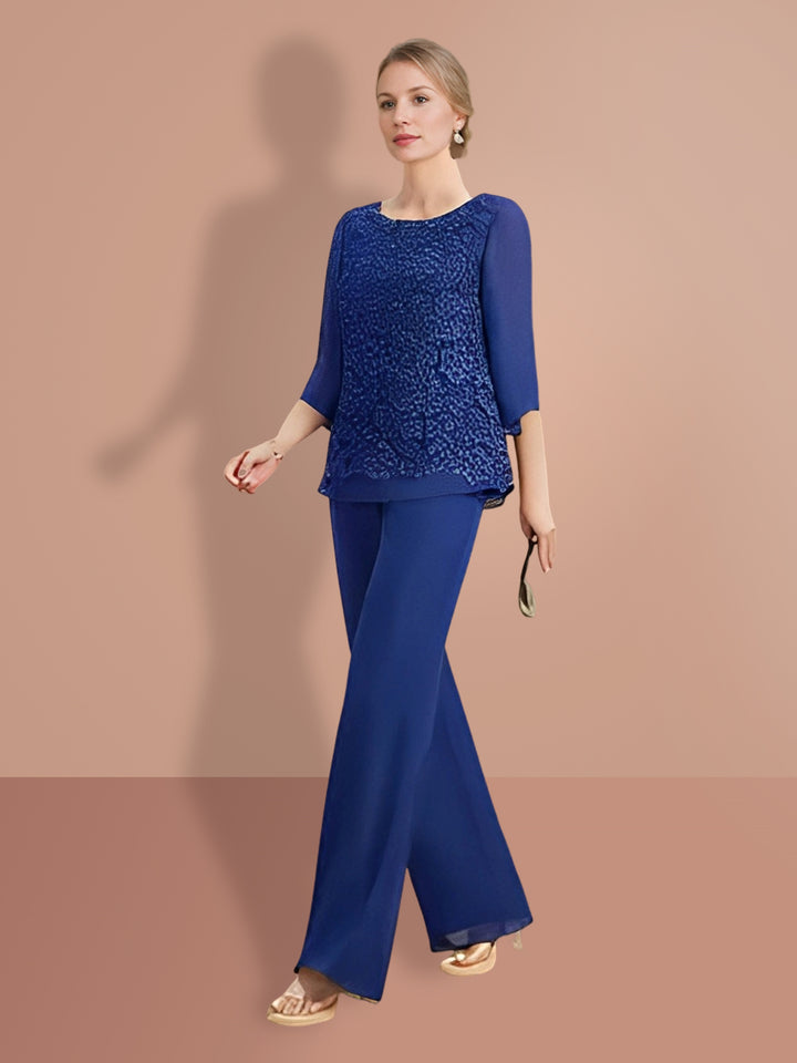 Chiffon 3/4 Length Sleeves Jewel Neck Mother of the Bride Pantsuits
