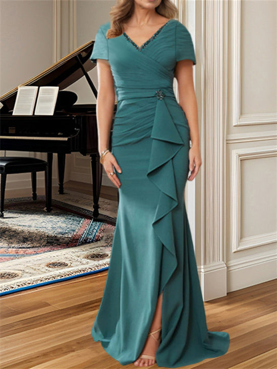 Sheath/Column Floor-Length Short Sleeves  Mother of the Bride Dresses with Ruffles