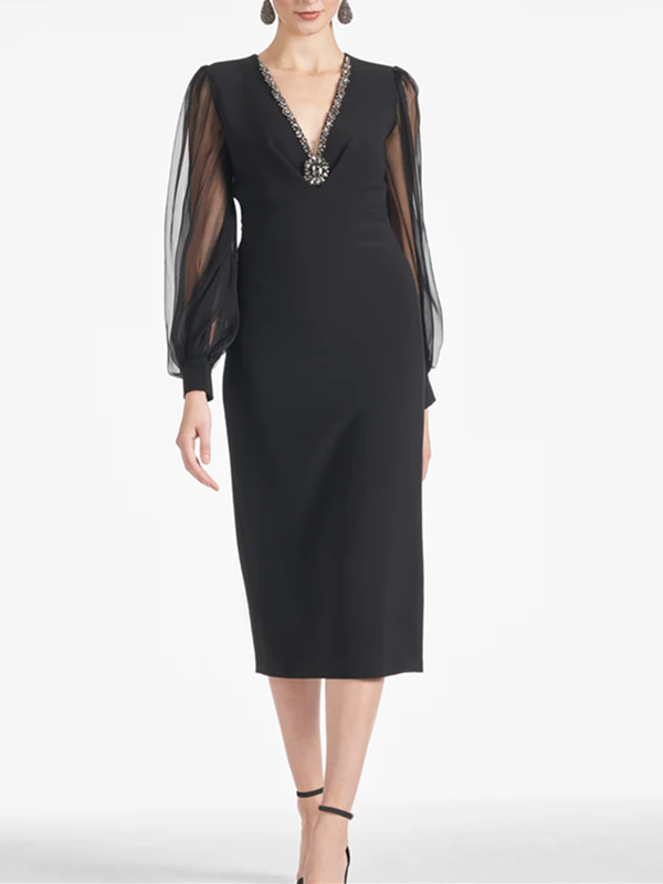 Sheath/Column V Neck Tea Length Mother of the Bride Dresses for Cocktail