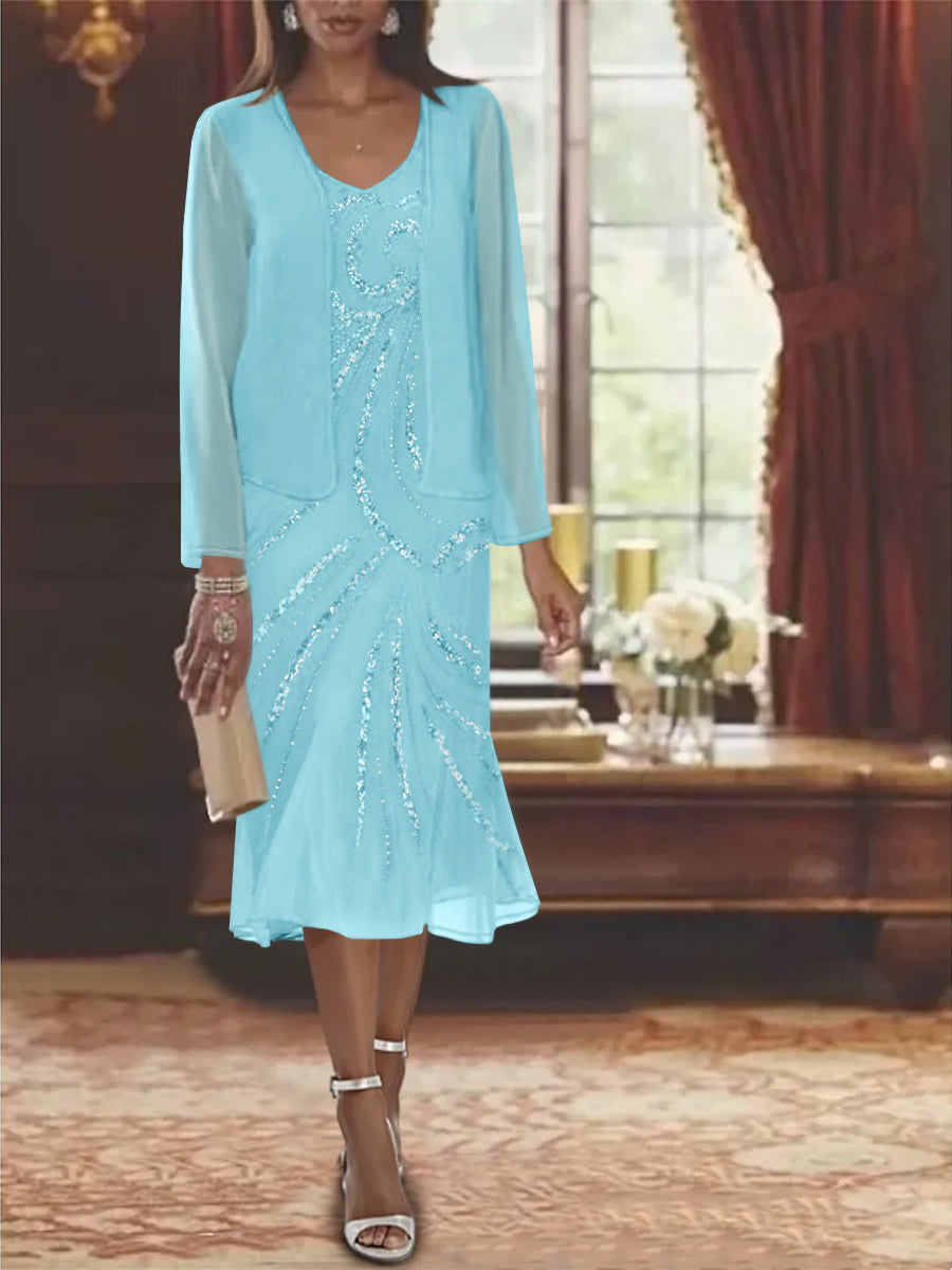 Chiffon 2 Pieces V-Neck Knee-Length Mother of the Bride Chiffon 2 Pieces V-Neck Knee-Length Mother of the Bride