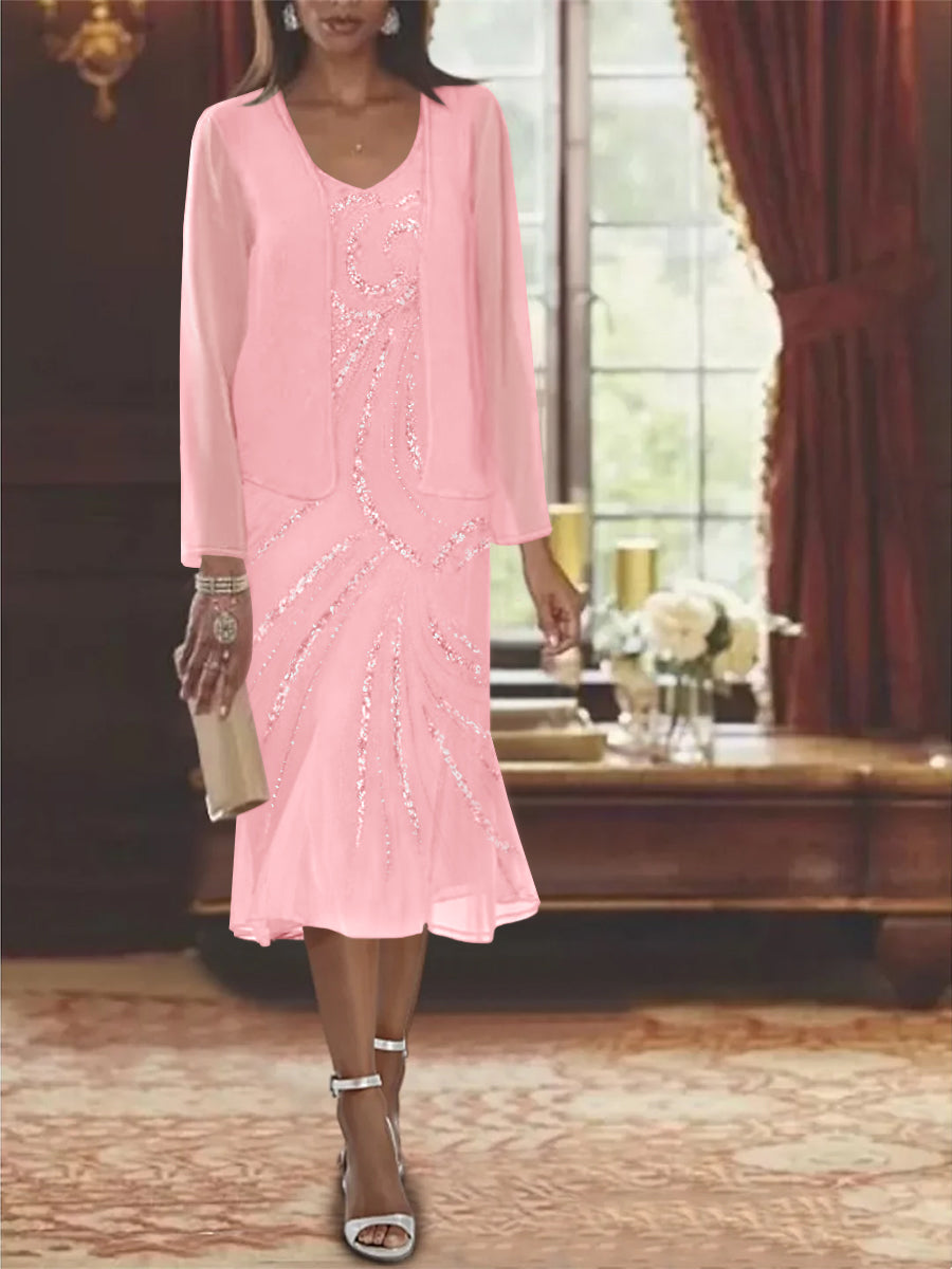 Chiffon 2 Pieces V-Neck Knee-Length Mother of the Bride Dresses with Jacket & Sequins Beading Candy Pink Chiffon 2 Pieces V-Neck Knee-Length Mother of the Bride Dresses with Jacket & Sequins Beading Candy Pink