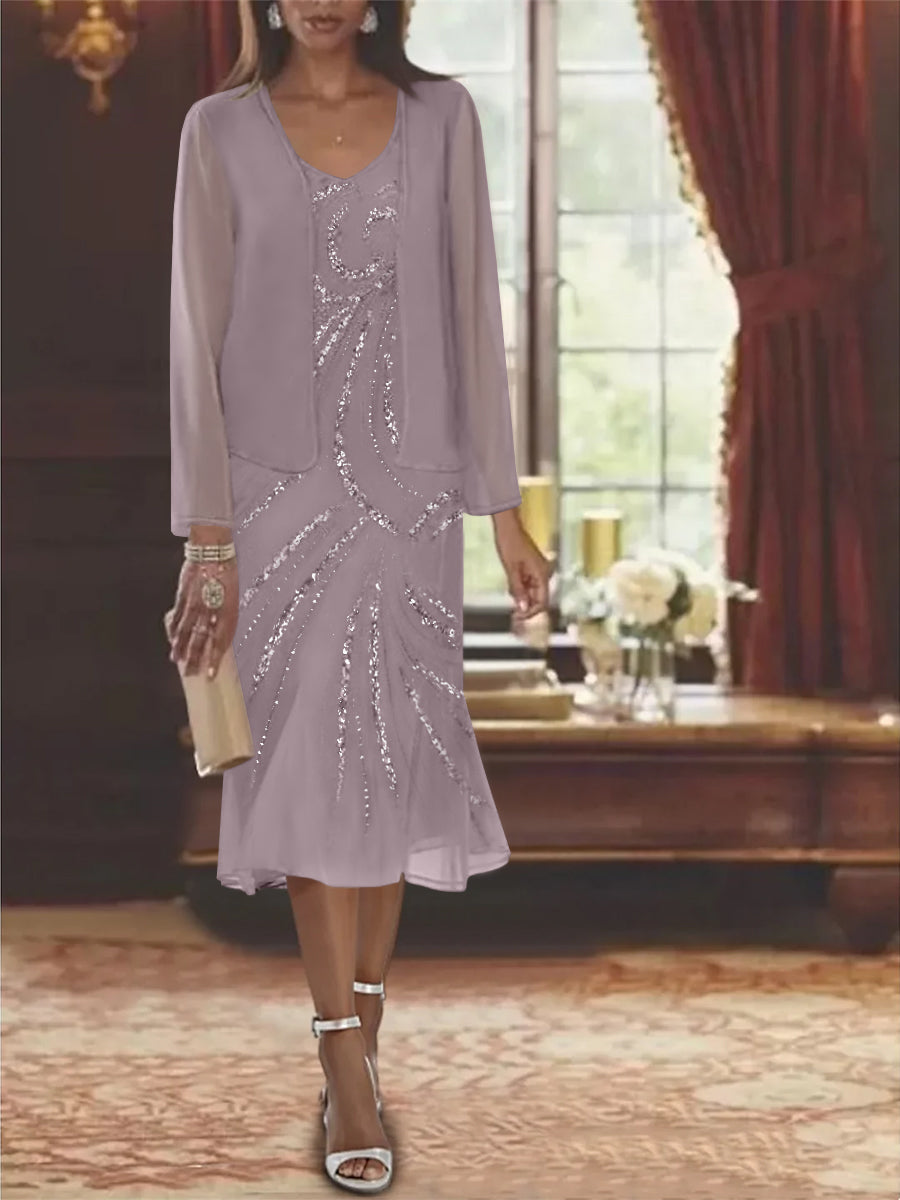 2 Pieces Mother of The Bride Dress 2026 Women's V-Neck Knee-Length Formal Evening Gowns with Jacket & Sequins, As Pic 2 Pieces Mother of The Bride Dress 2026 Women's V-Neck Knee-Length Formal Evening Gowns with Jacket & Sequins, As Pic