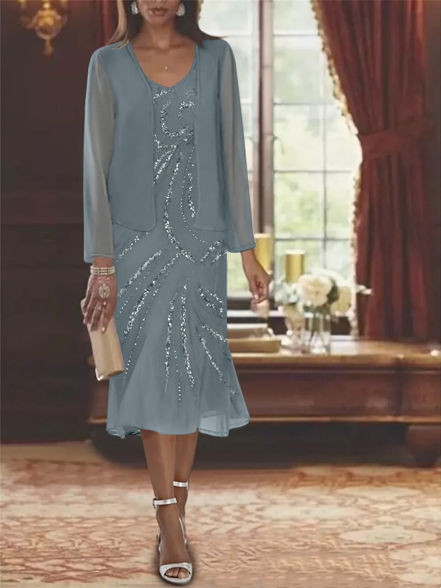 Chiffon 2 Pieces V-Neck Knee-Length Mother of the Bride Dresses with Jacket & Sequins Beading