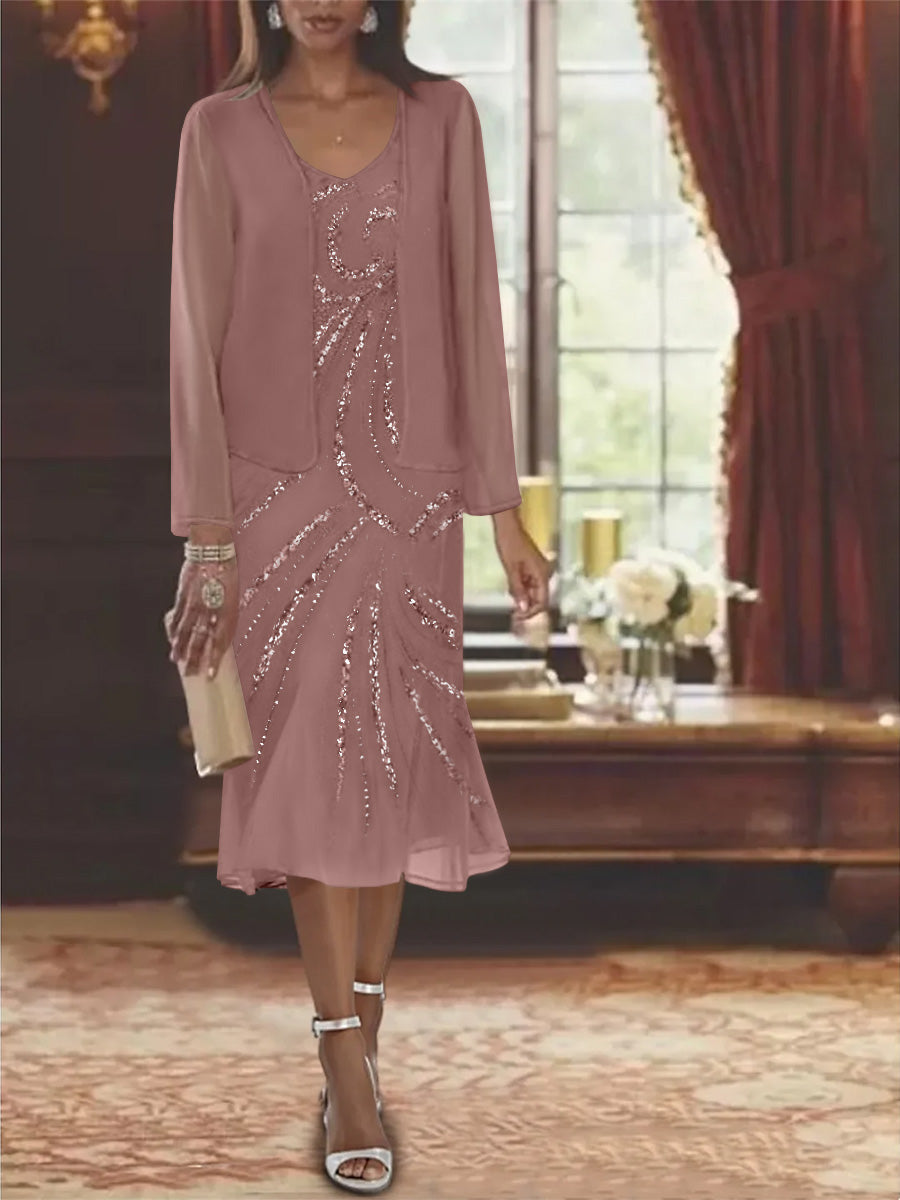 Chiffon 2 Pieces V-Neck Knee-Length Mother of the Bride Dresses with Jacket & Sequins Beading
