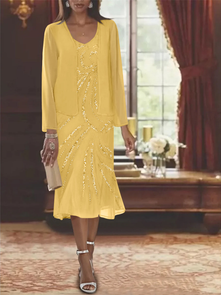 Chiffon 2 Pieces V-Neck Knee-Length Mother of the Bride Dresses with Jacket & Sequins Beading Gold Chiffon 2 Pieces V-Neck Knee-Length Mother of the Bride Dresses with Jacket & Sequins Beading Gold