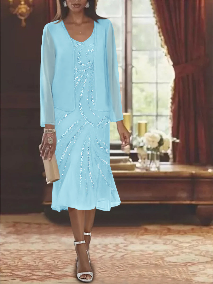 Chiffon 2 Pieces V-Neck Knee-Length Mother of the Bride Dresses with Jacket & Sequins Beading Light Blue Chiffon 2 Pieces V-Neck Knee-Length Mother of the Bride Dresses with Jacket & Sequins Beading Light Blue