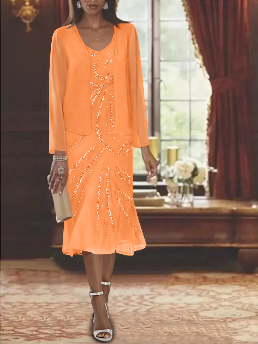 Chiffon 2 Pieces V-Neck Knee-Length Mother of the Bride Dresses with Jacket & Sequins Beading Orange Chiffon 2 Pieces V-Neck Knee-Length Mother of the Bride Dresses with Jacket & Sequins Beading Orange