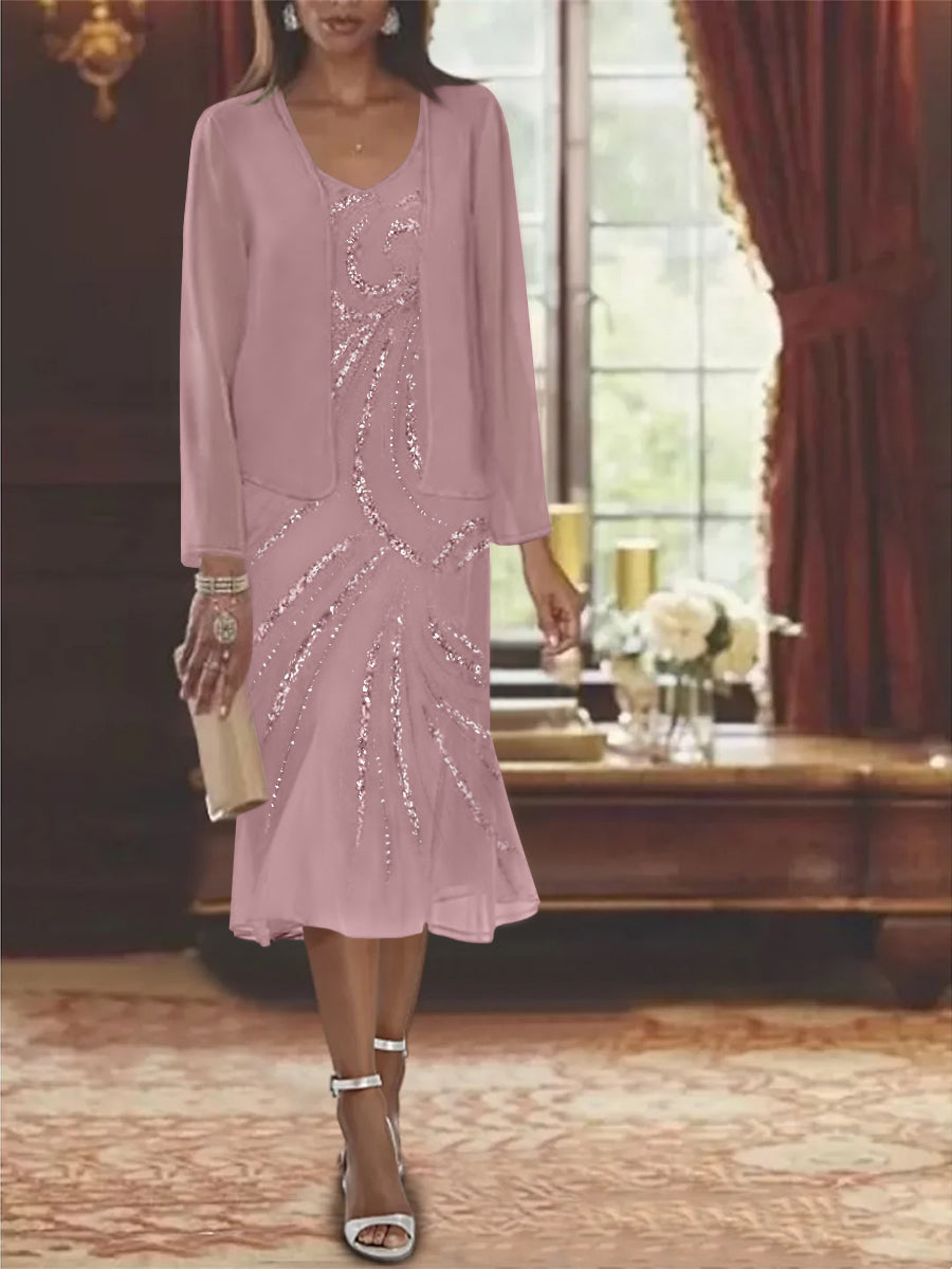 Tea Length Summer Mother Of The Bride Dresses Knee Length Pieces Mother Of The Bride Dress 2026 Women's V-Neck Knee-Length Formal Evening Gowns With Jacket Sequins, As Pic Tea Length Summer Mother Of The Bride Dresses Knee Length Pieces Mother Of The Bride Dress 2026 Women's V-Neck Knee-Length Formal Evening Gowns With Jacket Sequins, As Pic