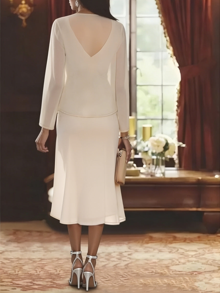 Chiffon 2 Pieces V-Neck Knee-Length Mother of the Bride Dresses