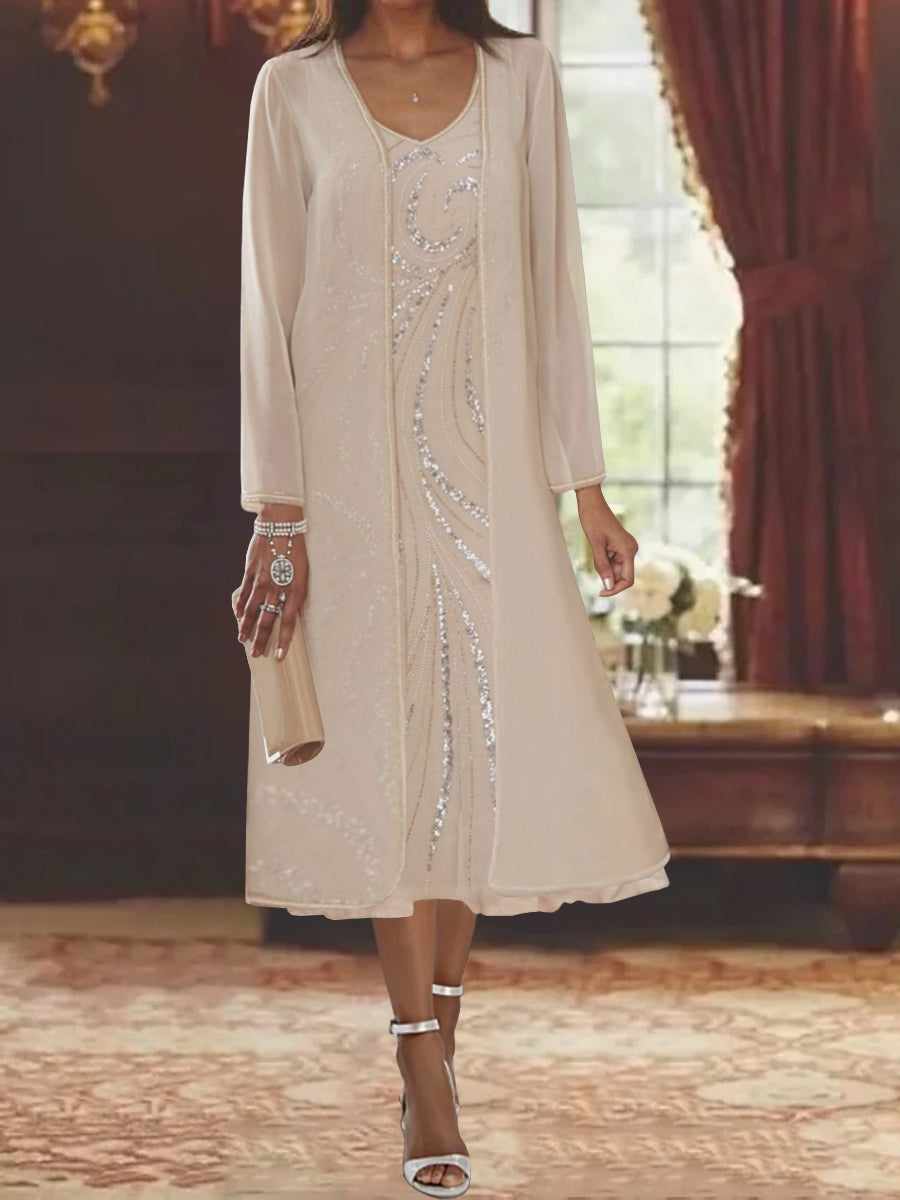 Sheath/Column V-Neck Long Sleeves Tea-Length Mother of the Bride Dresses with Jacket & Sequins